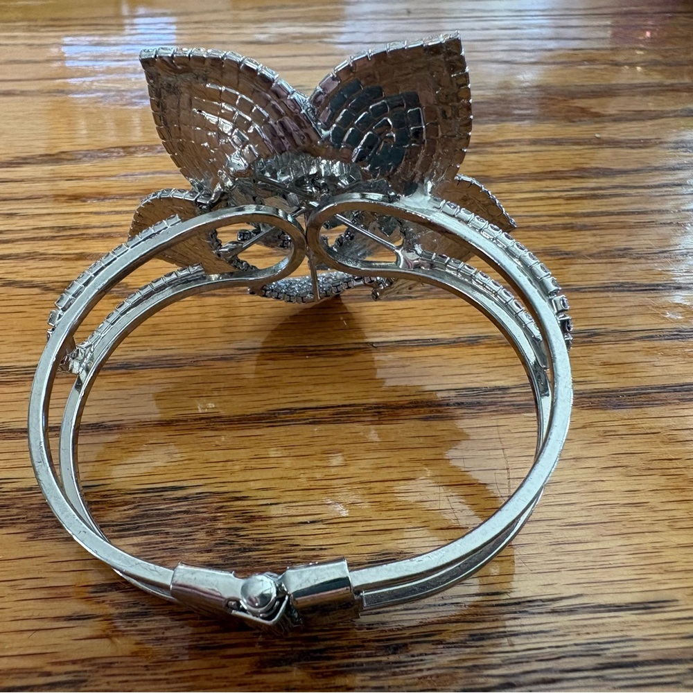 Crystal Flower Statement Bracelet - Silver Tone - image 6